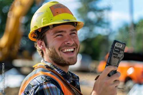 Construction worker in hardhat smiles while using smartphone on job site