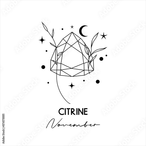 November birth month Citrine gemstone, vector hand drawn isolated line art illustration, celestial elements and plants for greeting cards and invitations