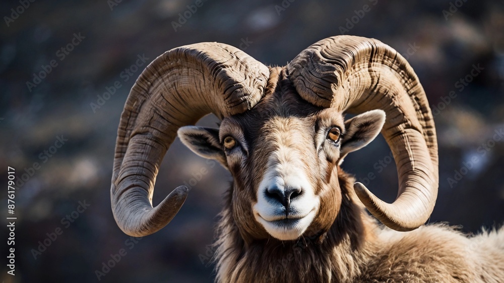 A close-up shot of the Bighorn Sheep's distinctive curled horns, texture and intricate ridges A close-up shot of the Bighorn Sheep's distinctive curled horns, texture and intricate ridges