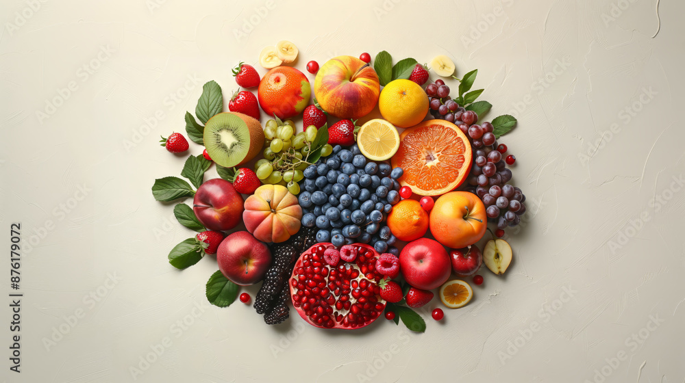 A vibrant assortment of fresh fruits including strawberries, blueberries, grapes, kiwi, oranges, apples, pomegranate seeds, and more arranged in the shape of a heart on a neutral background. A vibrant assortment of fresh fruits including strawberries, blueberries, grapes, kiwi, oranges, apples, pomegranate seeds, and more arranged in the shape of a heart on a neutral background.
