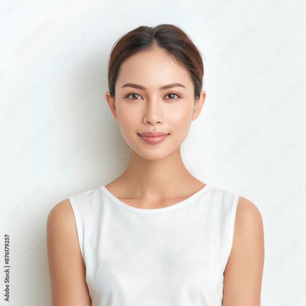 An Asian woman in a half-body view, with visible arms, showcasing a fresh and youthful appearance with minimal makeup An Asian woman in a half-body view, with visible arms, showcasing a fresh and youthful appearance with minimal makeup