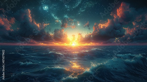 sunset over Ocean with Starry Sky