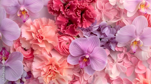 Colorful flower bouquet background made of pink and purple carnation and orchid flowers wall for background and wallpaper. 