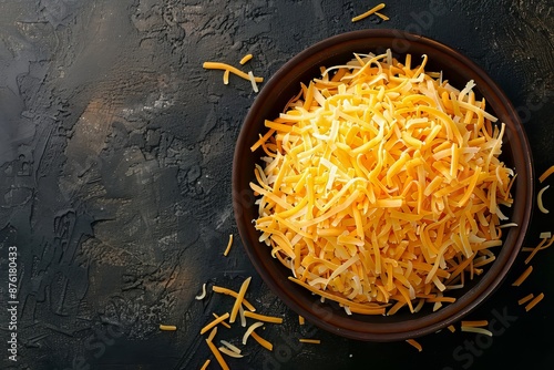 Bowl of shredded cheddar cheese on a dark background photo