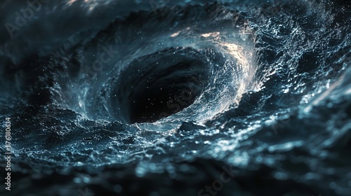 A mesmerizing dark vortex with swirling blue and black currents, resembling a cosmic black hole, evoking mystery and depth.