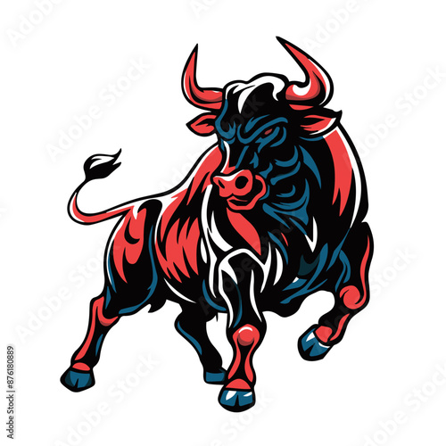 An tattoo style illustration of a red and black bull with a menacing expression