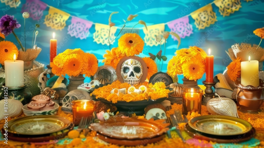 Obraz premium A Vibrant Scene of a Traditional Día de Muertos Altar, or 'Ofrenda,' Decorated with Colorful Marigold Flowers, Candles, and Sugar Skulls