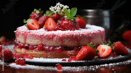 strawberry cake red powdered sweet delicious round on grey desk