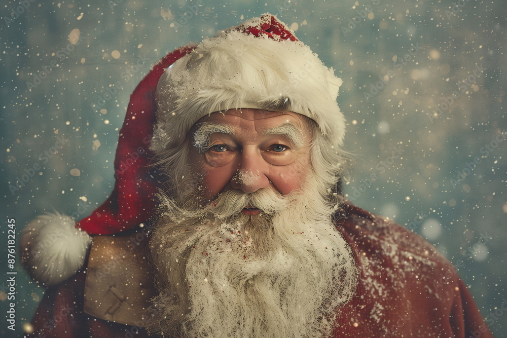 Portrait of Santa Claus in a classic red suit smiling warmly, surrounded by falling snow, holiday greeting cards Portrait of Santa Claus in a classic red suit smiling warmly, surrounded by falling snow, holiday greeting cards