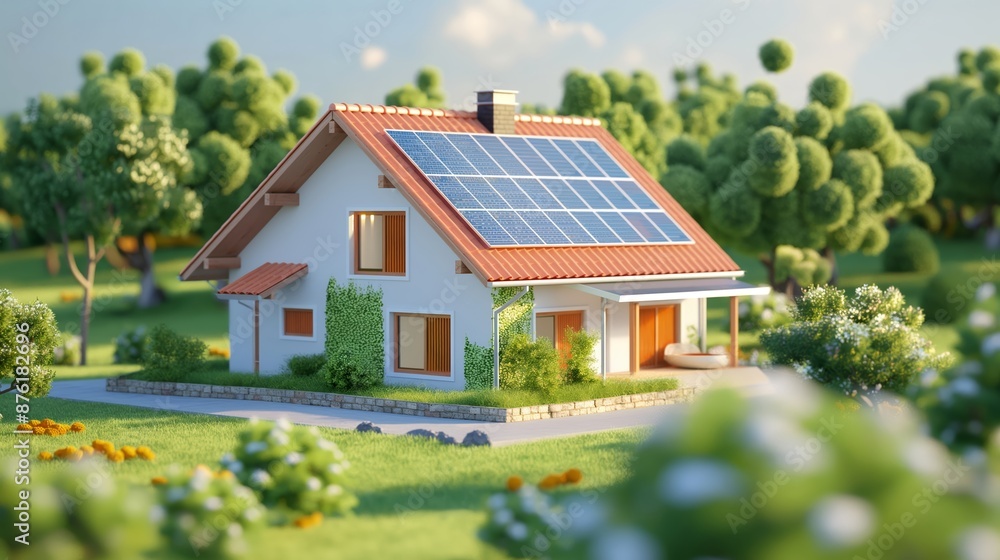 Happy family holding paper model of house with solar panels.Alternative energy, saving resources and sustainable lifestyle concept Happy family holding paper model of house with solar panels.Alternative energy, saving resources and sustainable lifestyle concept