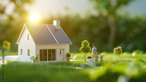 Happy family holding paper model of house with solar panels.Alternative energy, saving resources and sustainable lifestyle concept