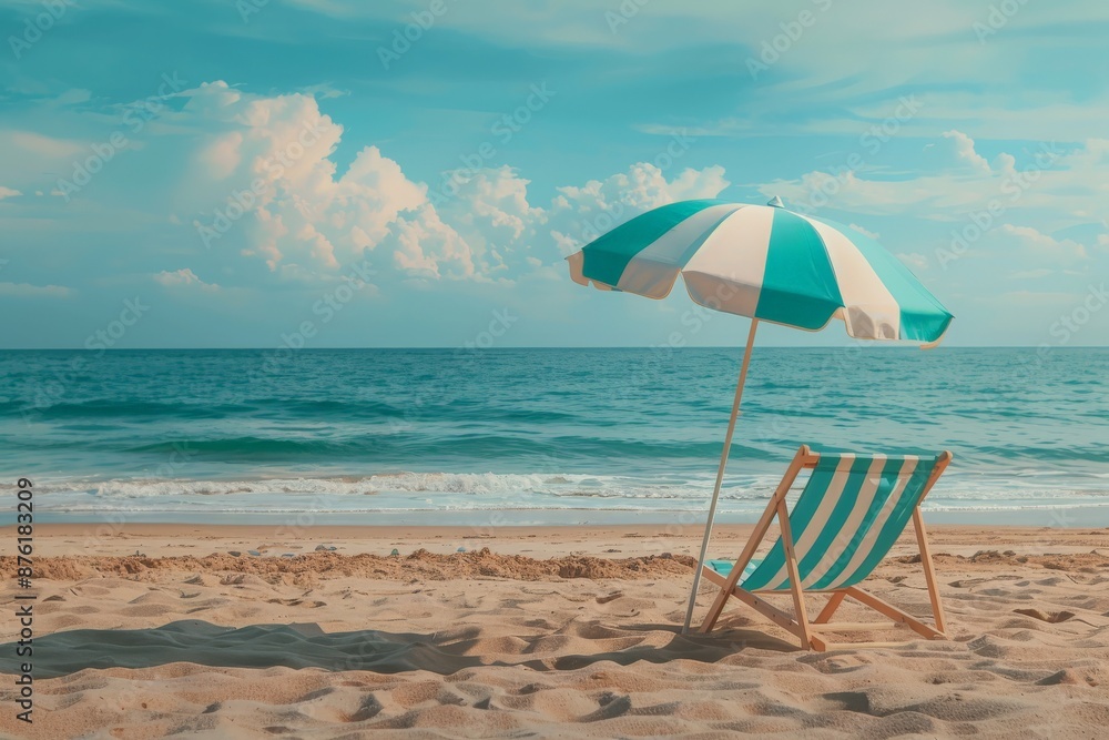 A serene beach scene featuring a striped umbrella and an empty lounge chair situated on the sand, with the clear blue ocean and puffy clouds in the background. A serene beach scene featuring a striped umbrella and an empty lounge chair situated on the sand, with the clear blue ocean and puffy clouds in the background.