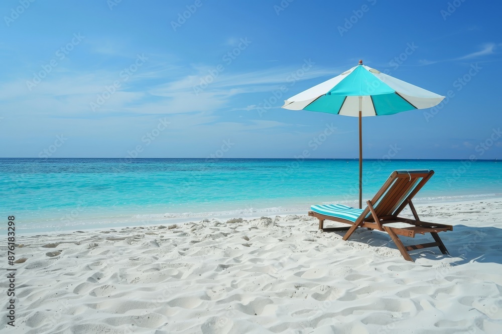 Fototapeta premium A picturesque beach scene with a sunny sky, featuring a pair of wooden lounge chairs positioned beneath a turquoise and white umbrella, close to the shoreline.