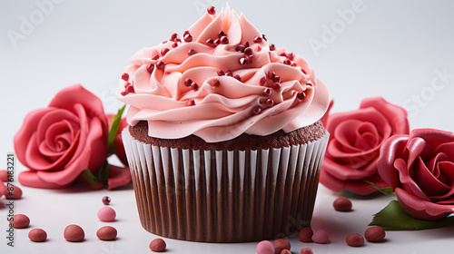 Sweet cupcake decorated with roses isolated on white background