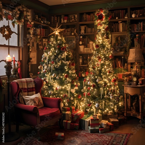Christmas tree and gifts in the living room of a house with a fireplace