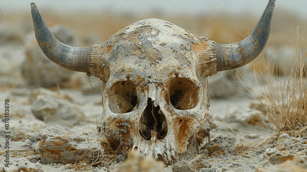 Animal Skull with Horns in Sandy Terrain Animal Skull with Horns in Sandy Terrain