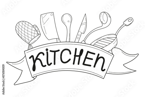 Various kitchen utensils set vector. This detailed and versatile design, including knives, ladle, potholder, apron, is perfect for culinary projects, recipe books,