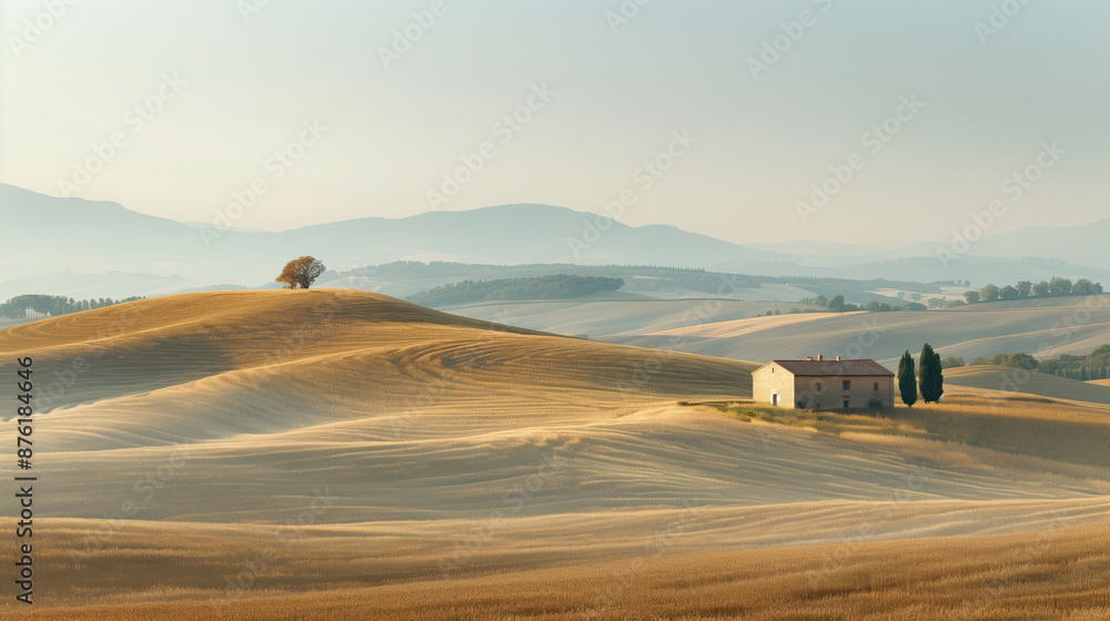 Obraz premium Calm peaceful Tuscany landscape. Background image. Created with Generative AI technology.