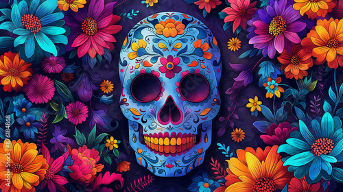 Blue sugar skull surrounded by vibrant flowers celebrating day of the dead © Andres Mejia