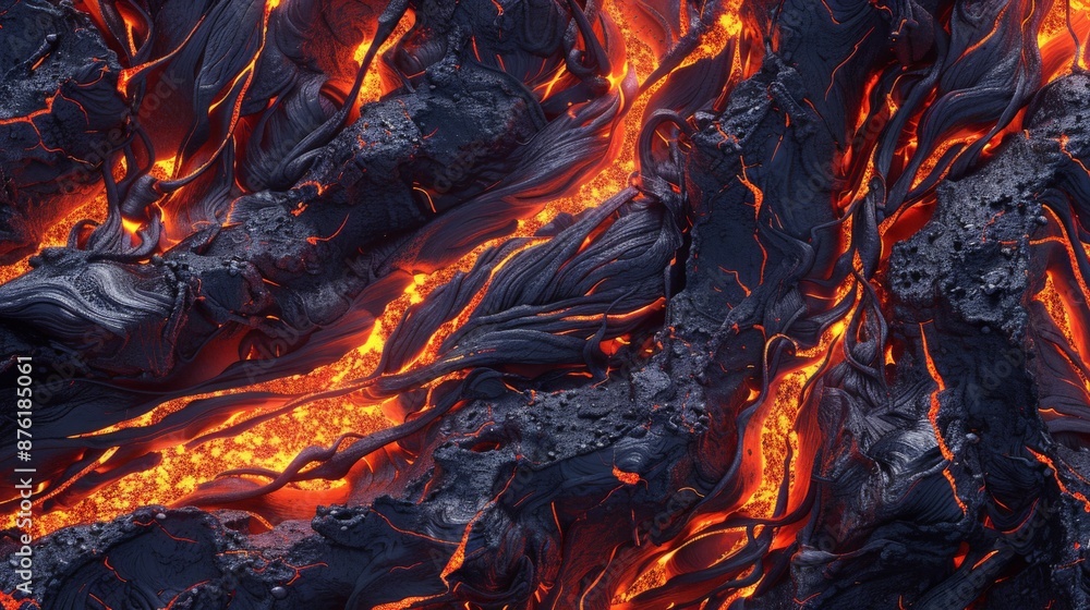 This image captures the dramatic contrast of flowing lava in fiery orange against dark, solidified rocks, emphasizing the power and raw energy of volcanic activity. This image captures the dramatic contrast of flowing lava in fiery orange against dark, solidified rocks, emphasizing the power and raw energy of volcanic activity.
