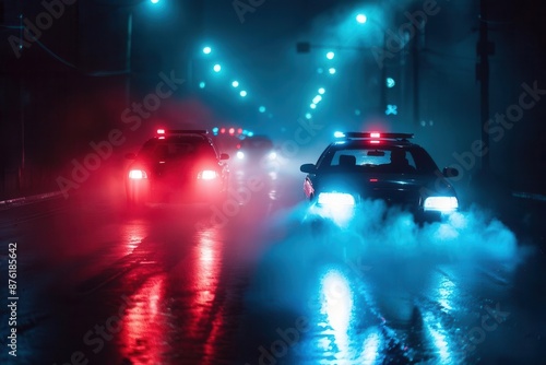 police cars in dramatic pursuit through foggy night streets flashing lights cut through mist creating tense atmosphere highcontrast scene captures urgency of emergency response