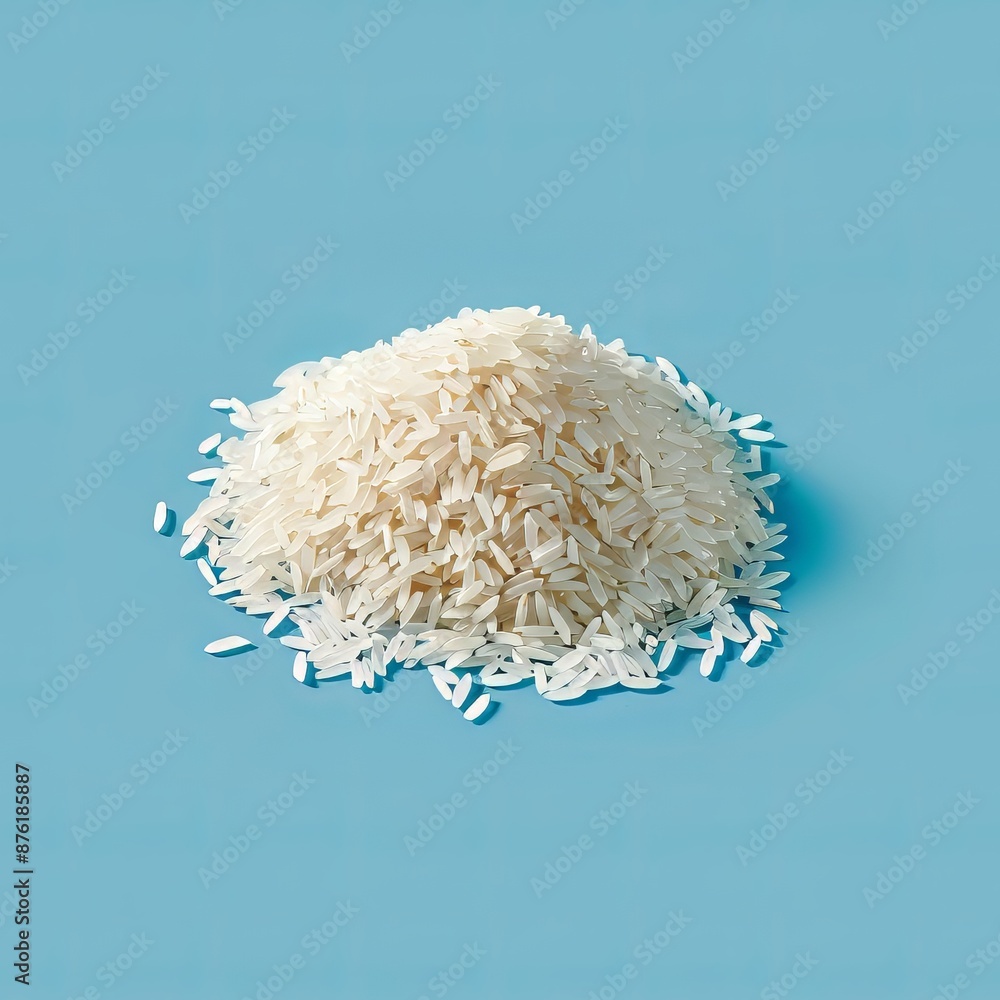 Close-up of a pile of white rice grains against a blue background