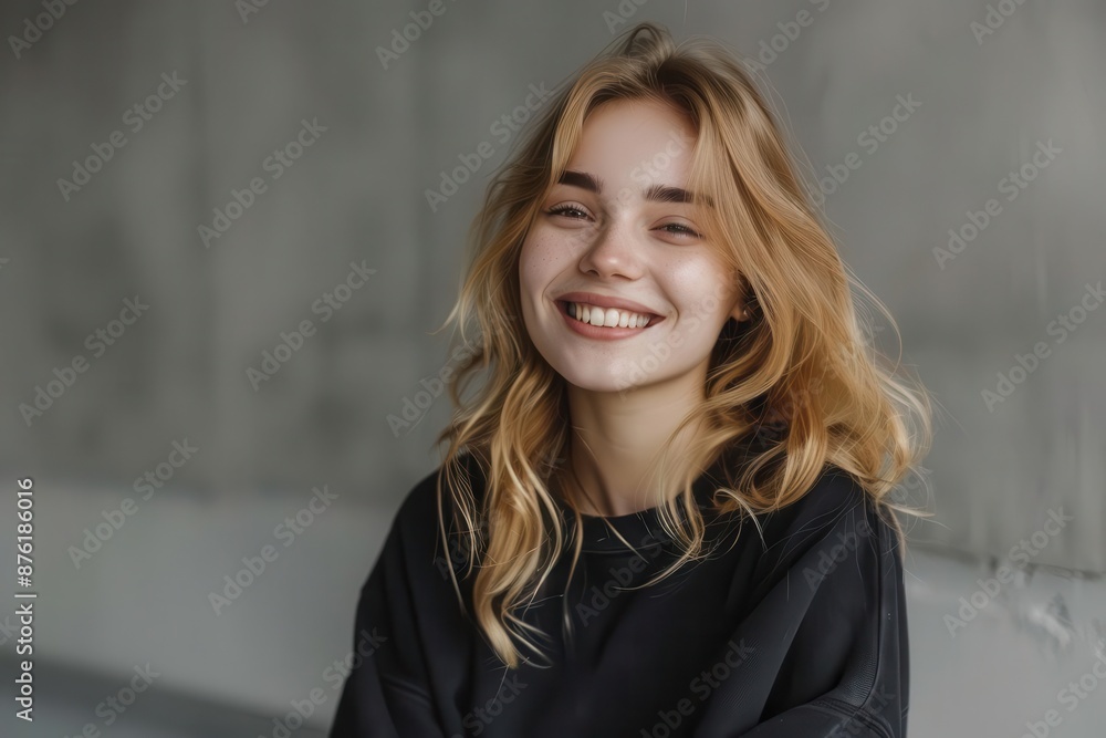 Fototapeta premium portrait de jeune femme blonde souriante en sweatshirt noir espace pour texte