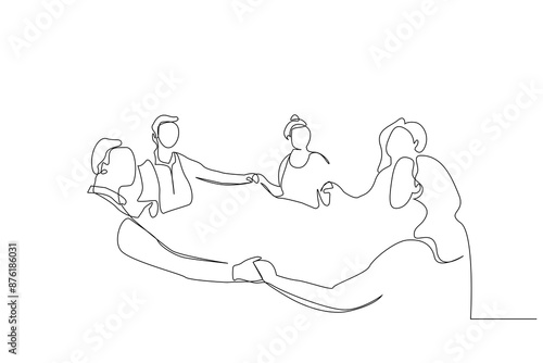 people family home dining table holding hands pray togetherness one line art design vector