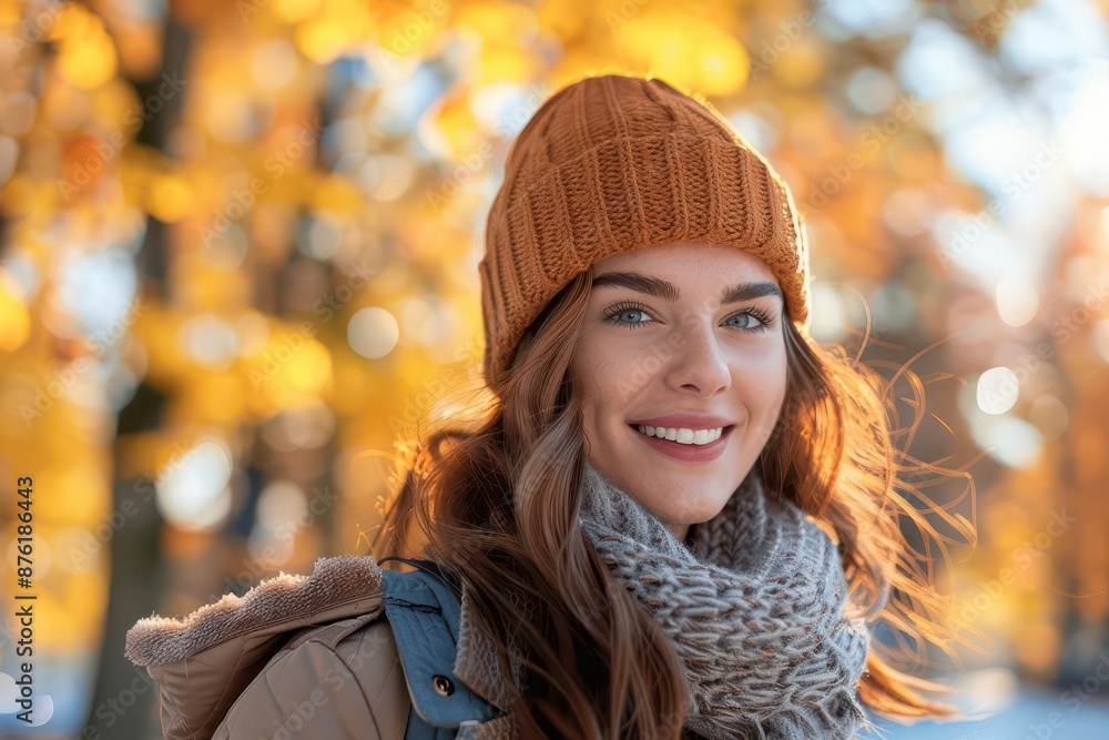 portrait of happy smiling young woman enjoying autumn walk in forest park portrait of happy smiling young woman enjoying autumn walk in forest park