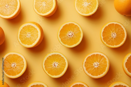 This image displays a pattern of orange halves evenly arranged on a yellow background, each cut revealing the juicy and vibrant interior of the fruit.
