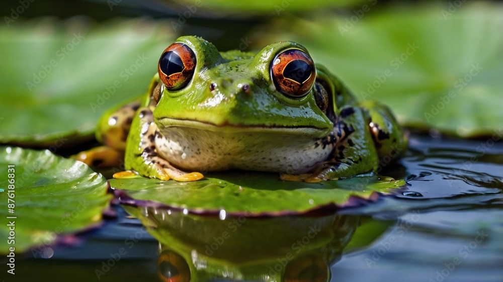 A green frog sitting on a water lily pad, frog's eyes and vibrant green color in sharp focus A green frog sitting on a water lily pad, frog's eyes and vibrant green color in sharp focus