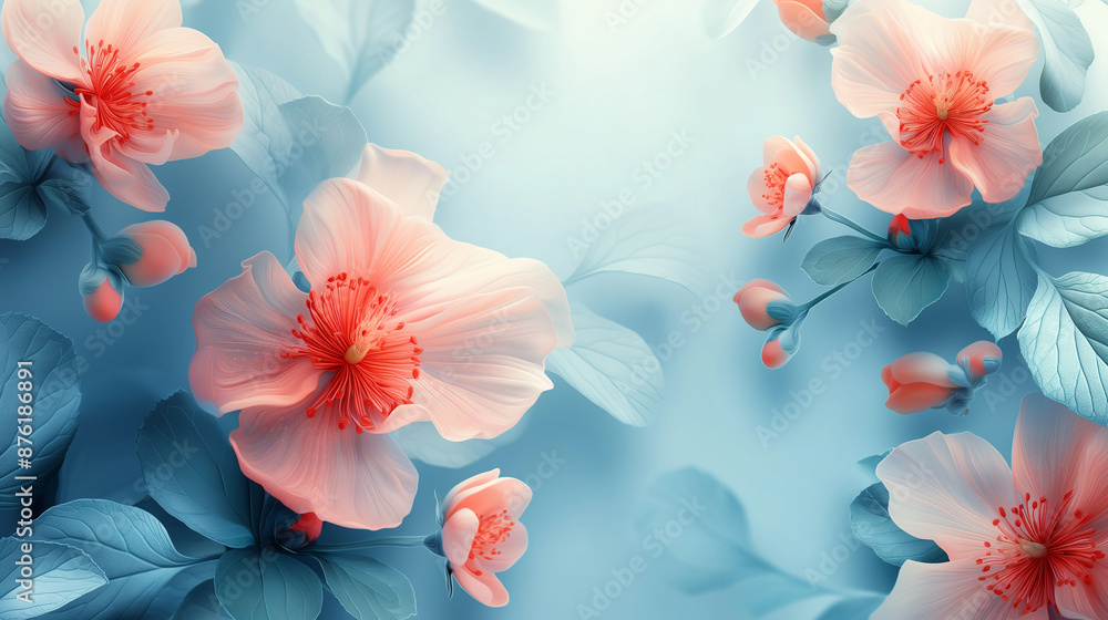 Delicate pink flowers blooming on light blue background Delicate pink flowers blooming on light blue background