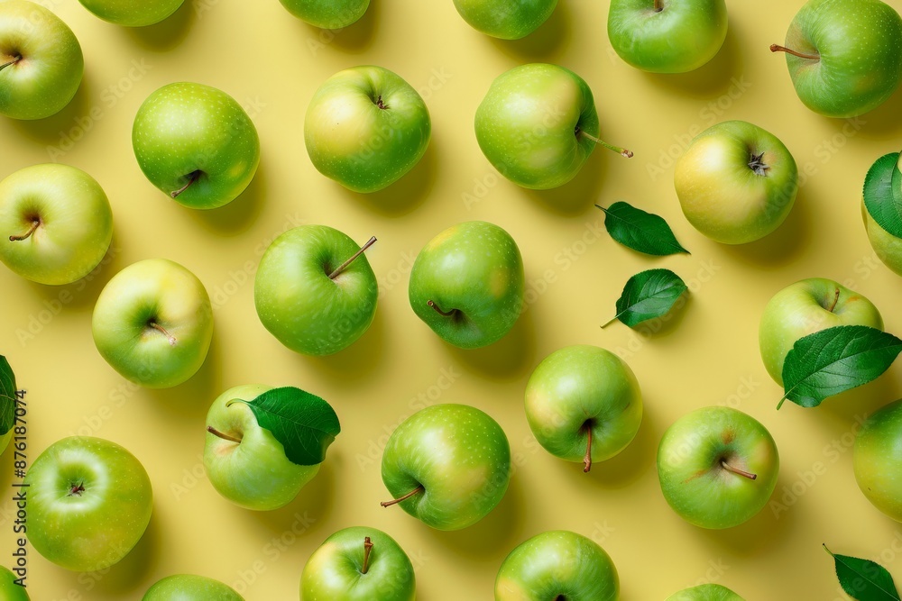 A collection of fresh green apples neatly arranged on a bright yellow background. The vibrant colors and symmetrical placement create an eye-catching and refreshing image. A collection of fresh green apples neatly arranged on a bright yellow background. The vibrant colors and symmetrical placement create an eye-catching and refreshing image.