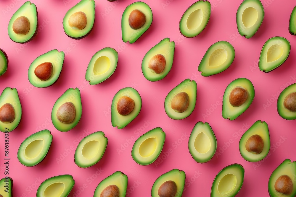 Sliced avocados arranged in an aesthetically pleasing pattern on a pink background. The image highlights the texture of both the avocado flesh and the seed in a colorful composition. Sliced avocados arranged in an aesthetically pleasing pattern on a pink background. The image highlights the texture of both the avocado flesh and the seed in a colorful composition.