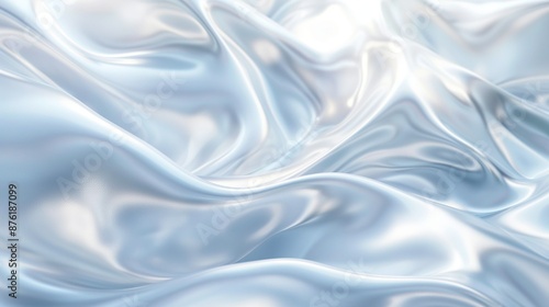 Abstract white and blue background with blurred flowing liquid waves, elegant light silver abstract wavy shapes background