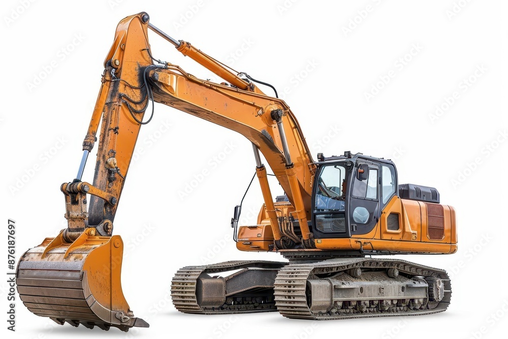 powerful excavator with articulated arm and bucket isolated on pure white background with crisp shadows and detailed mechanical features powerful excavator with articulated arm and bucket isolated on pure white background with crisp shadows and detailed mechanical features