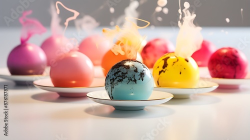 Tea bombs with different flavors on wooden background. Various tea balls with dried flowers and herbs. photo