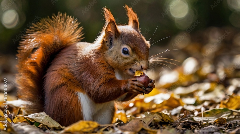 Obraz premium Close-up of a red squirrel foraging on the ground, with its nose buried in leaves or holding a nut