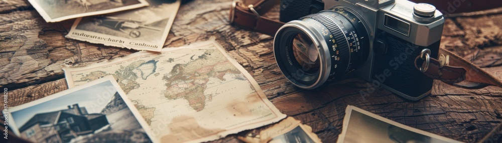 Naklejka premium Vintage Camera and Old Photographs on Rustic Wooden Table Evoke Nostalgic Memories