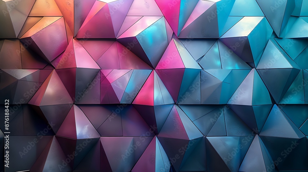 Fototapeta premium A geometric abstract background of interlocking triangles with gradient fills, transitioning from purple to teal.