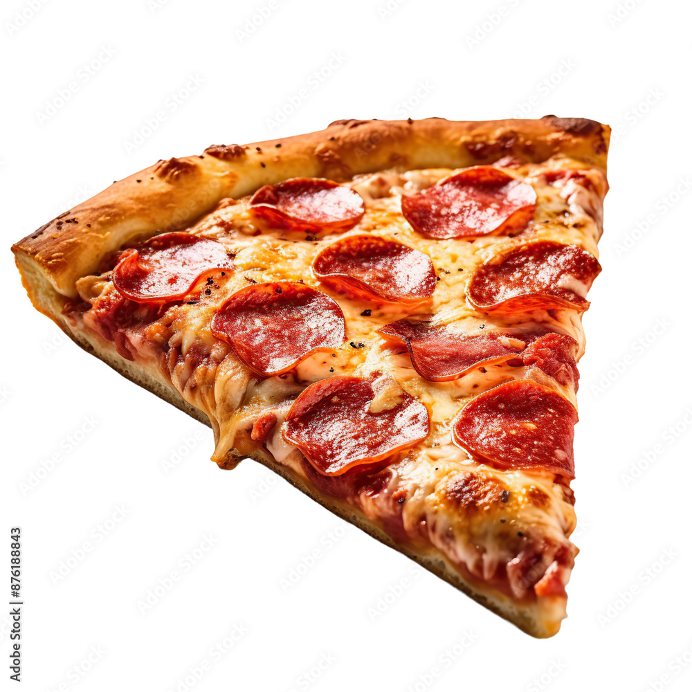 A slice of pepperoni pizza, isolated on white or transparent background cutout. A slice of pepperoni pizza, isolated on white or transparent background cutout.