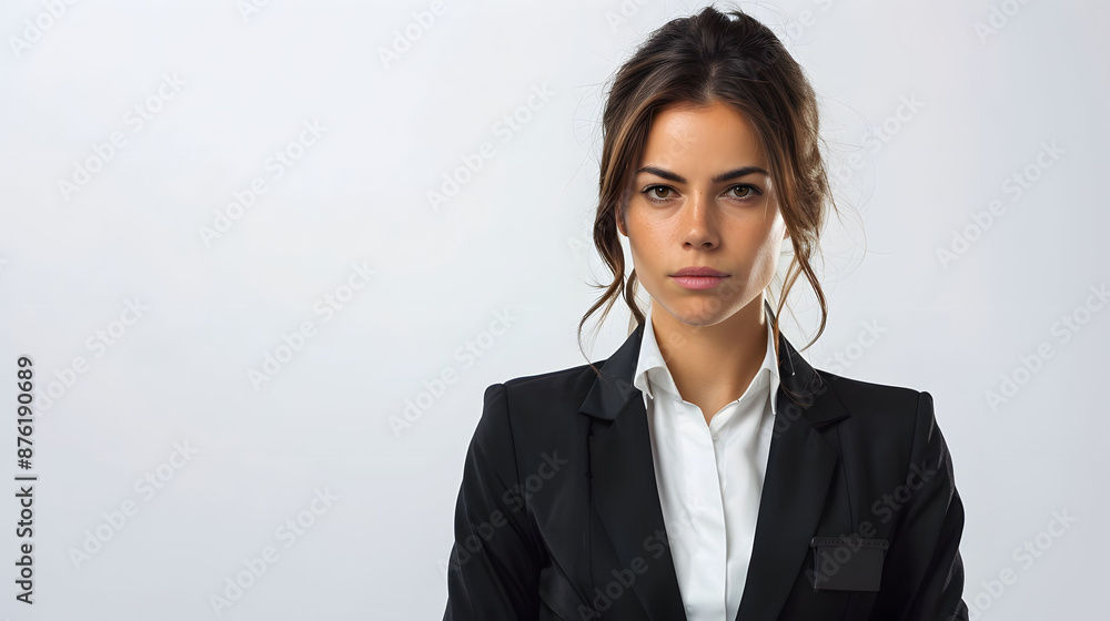 Professional businesswoman in a suit standing against a plain background, conveying confidence and professionalism. Professional businesswoman in a suit standing against a plain background, conveying confidence and professionalism.