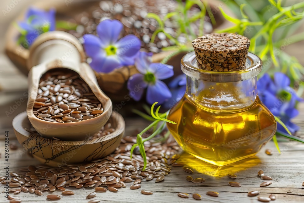 Close-up of flax seeds with blue flax flowers and flaxseed oil in a glass bottle Close-up of flax seeds with blue flax flowers and flaxseed oil in a glass bottle