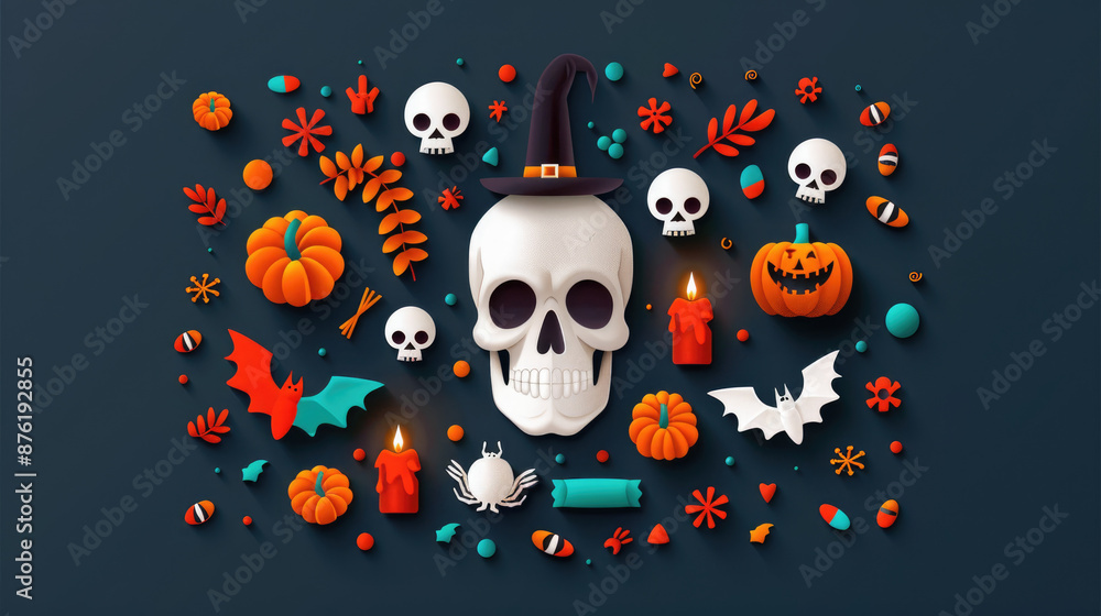 Spooky Halloween skull with flat design decorations Spooky Halloween skull with flat design decorations