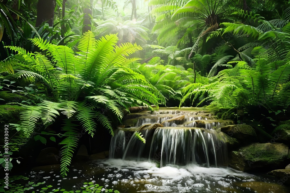 Cascading waterfall in a lush green jungle with bright sunlight streaming through the dense foliage Cascading waterfall in a lush green jungle with bright sunlight streaming through the dense foliage