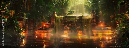 A lush jungle with a waterfall and a small pond generated by AI