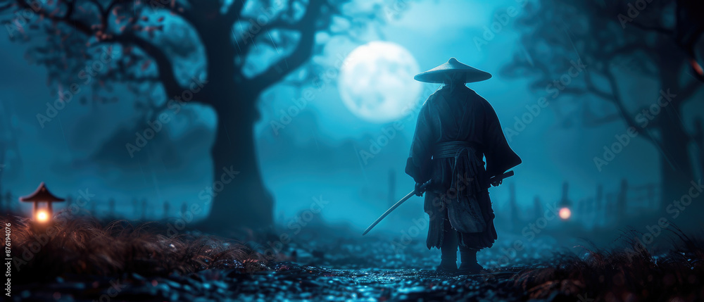Detailed textured 3D render of a zombie ninja in foggy forest under eerie moonlight. Detailed textured 3D render of a zombie ninja in foggy forest under eerie moonlight.