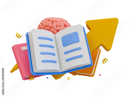 Konstfotografi 3D illustration of an open book with a brain and arrow, symbolizing knowledge growth and educational advancement