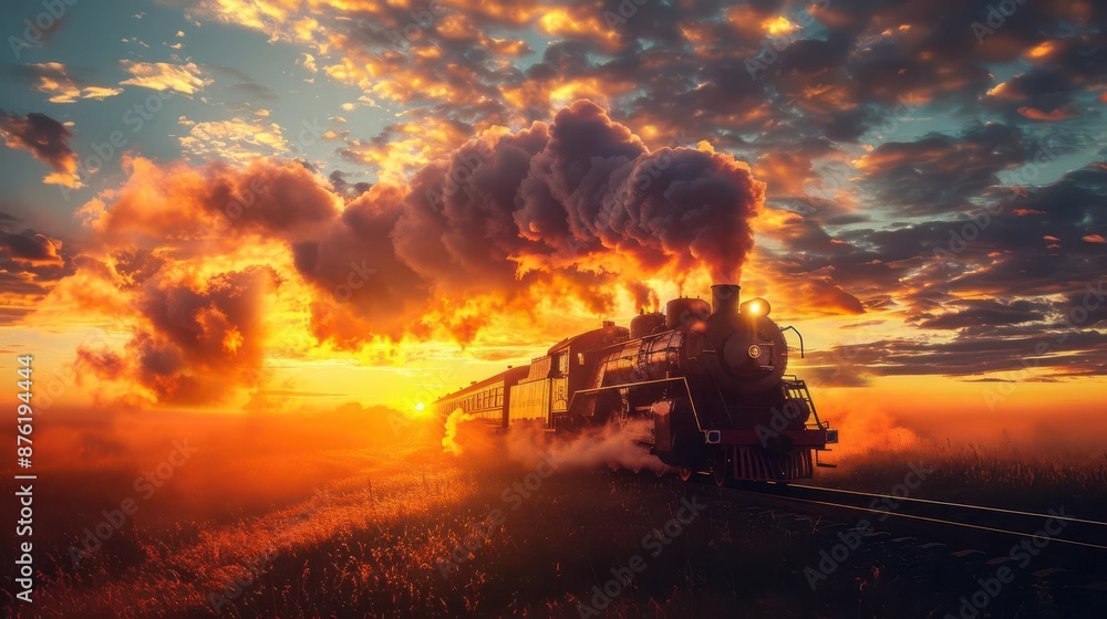 Steam train at sunset on a countryside track close up, focus on, copy space, warm tones, Double exposure silhouette with sunset sky Steam train at sunset on a countryside track close up, focus on, copy space, warm tones, Double exposure silhouette with sunset sky