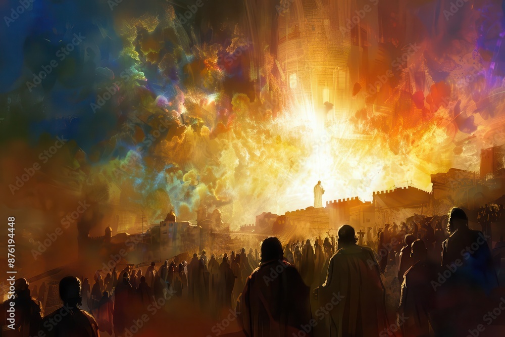 Fototapeta premium revelation of jesus christ in heavenly realm above crowd in jerusalem spiritual new testament scene digital painting